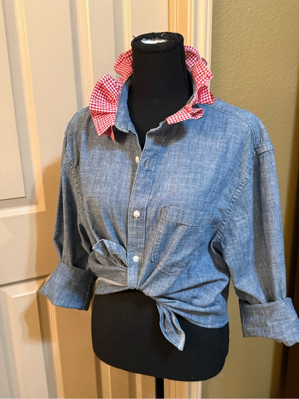 Upcycled Sonoma Blue Chambray Button-Down Shirt with Red Gingham Ruffle Collar